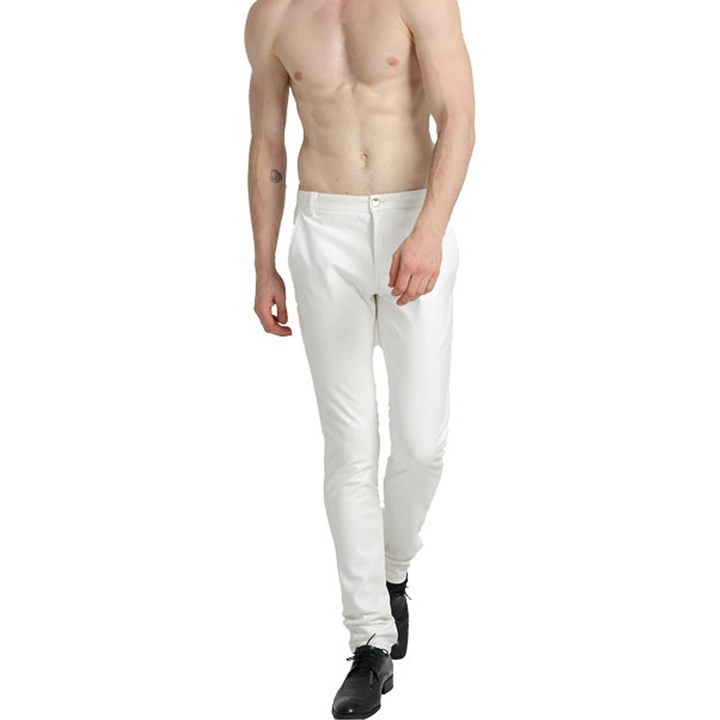 Close-up of men's tapered faux leather biker pants with ribbed details