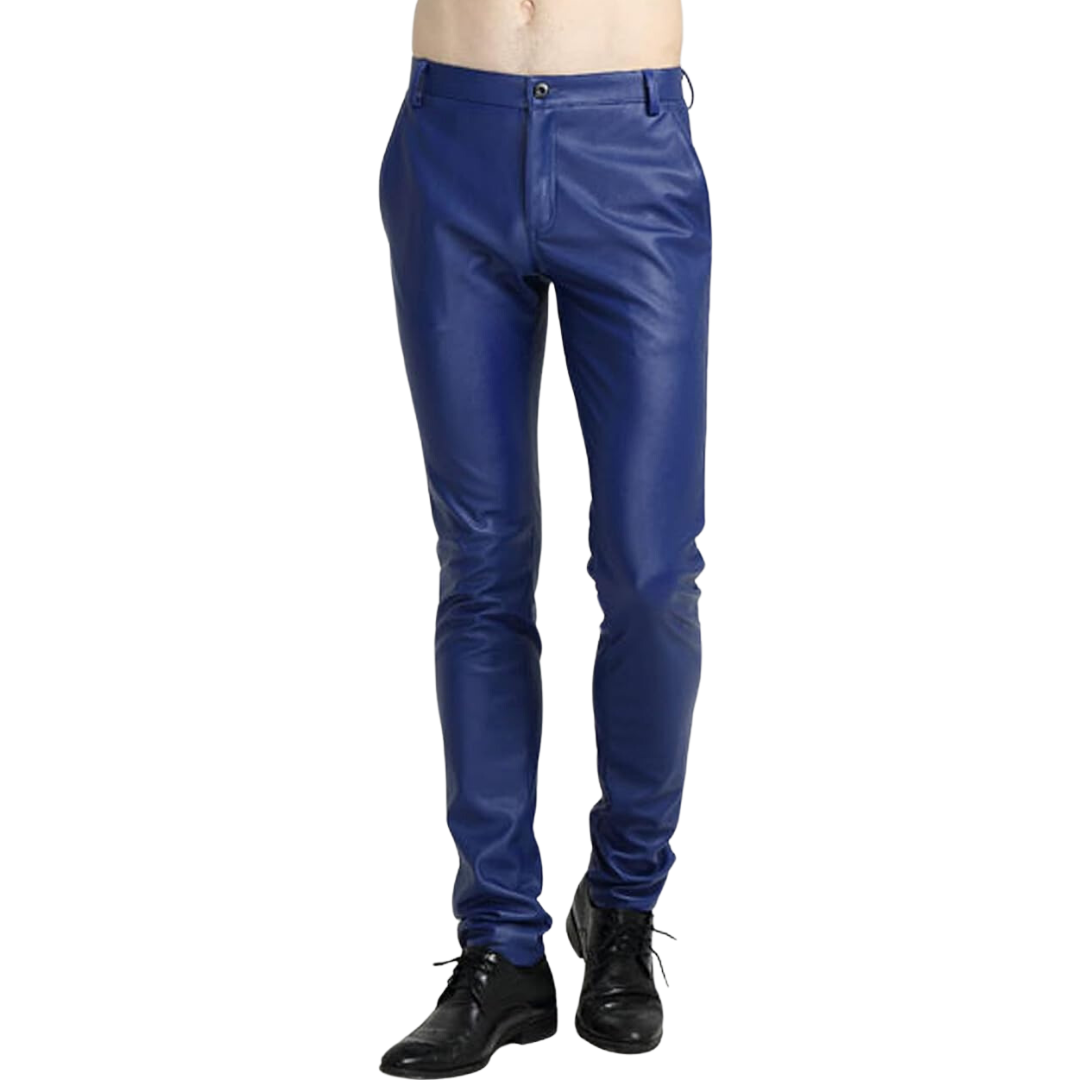 Full shot of men's skinny faux leather biker pants, versatile and fashionable