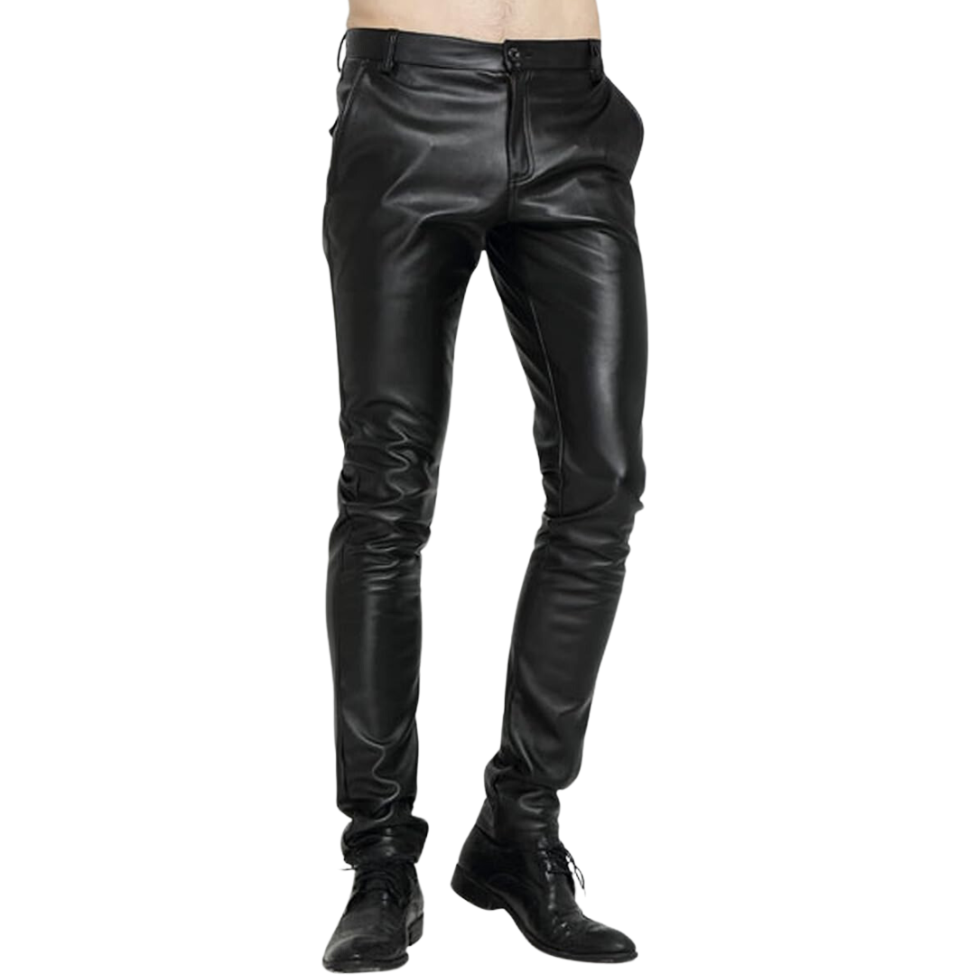 Men's motorcycle-inspired tapered faux leather pants, comfortable and sleek