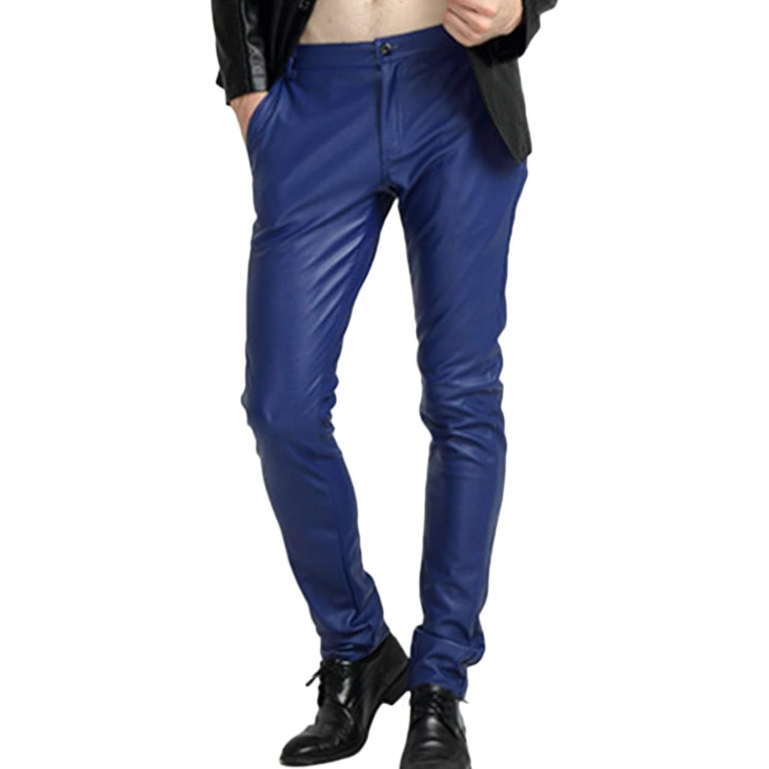 Designer men's tapered faux leather pants in black, ideal for street style