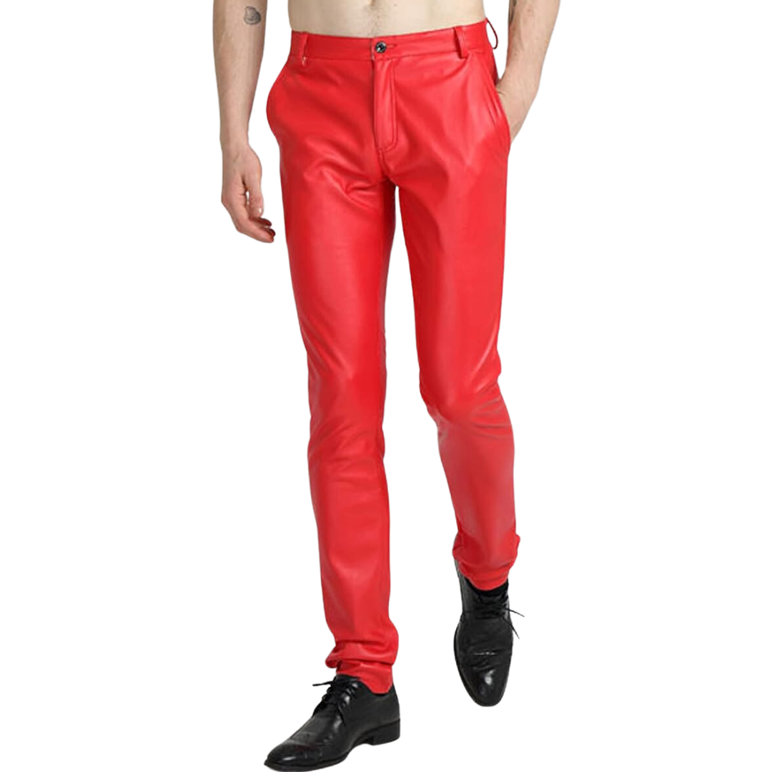Detail of zipper and pocket on men's faux leather tapered biker pants