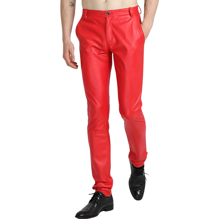 Detail of zipper and pocket on men's faux leather tapered biker pants