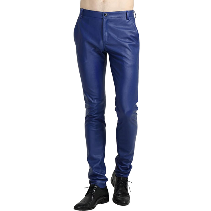 Full shot of men's black tapered faux leather biker trousers, front view