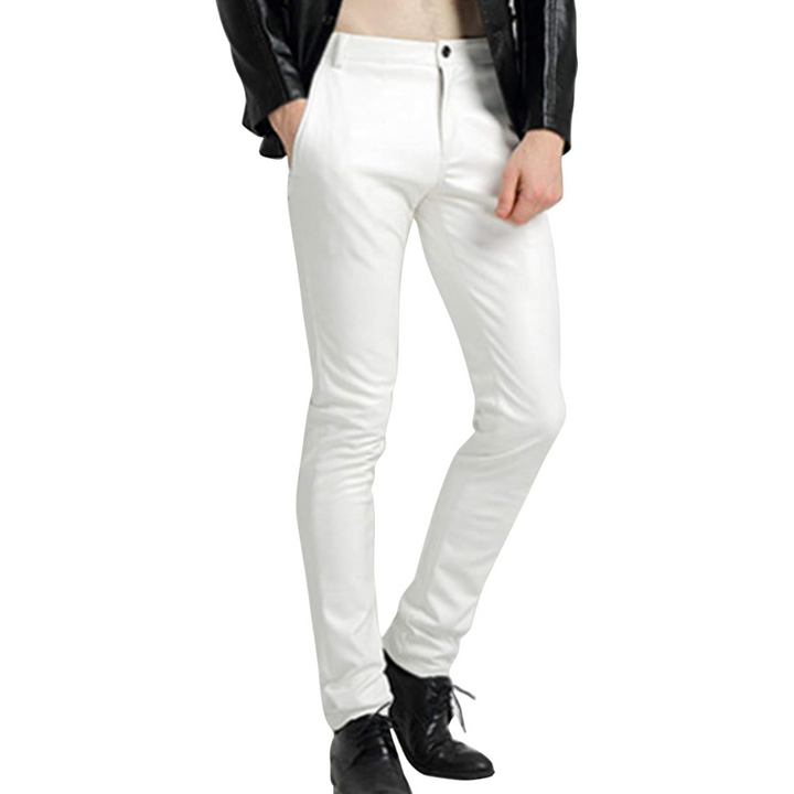 Men's red tapered faux leather biker trousers, back pocket and stitching detail