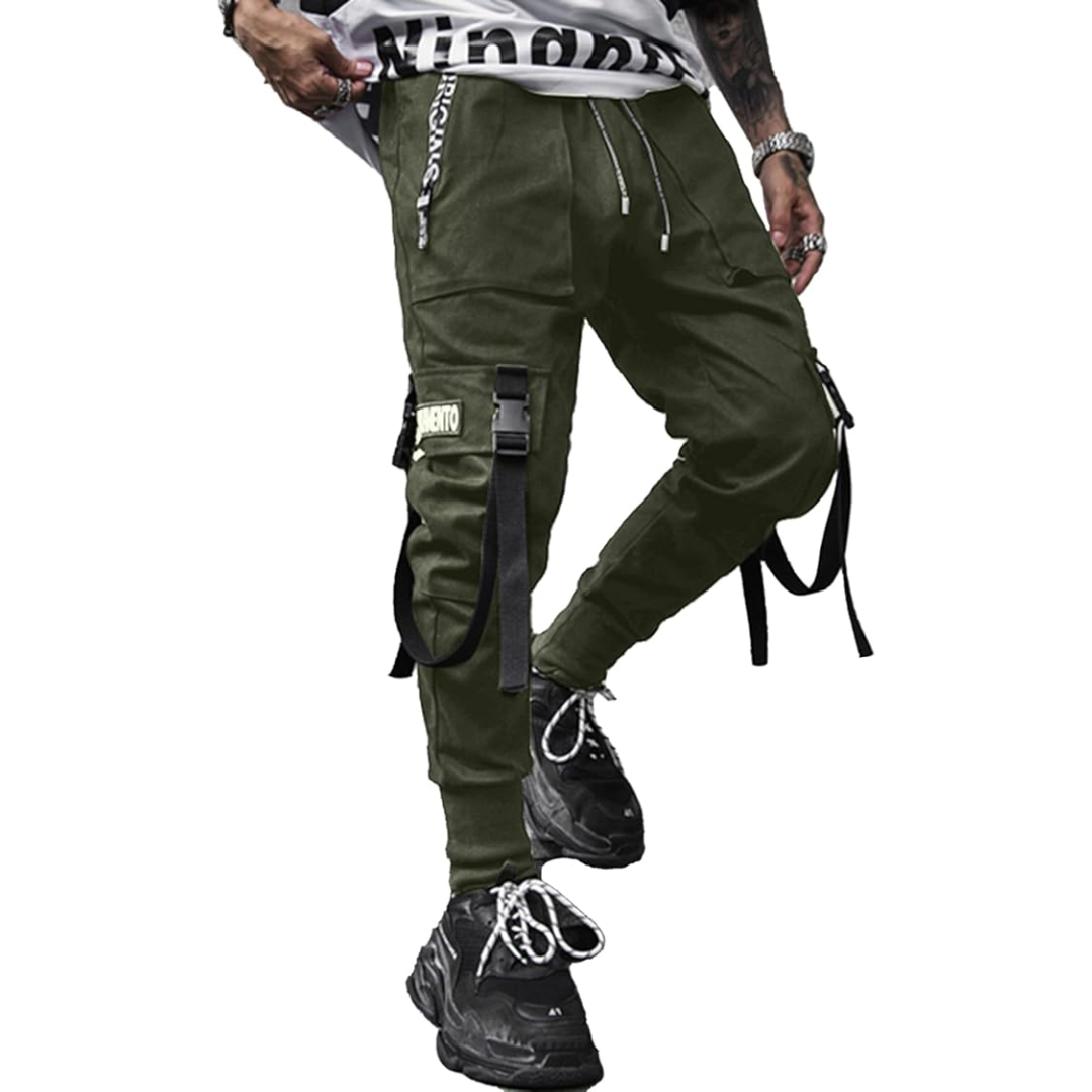 Men's black techwear tactical harem joggers with multiple pockets, comfort fit for streetwear or casual wear