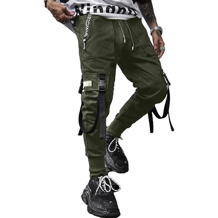 Men's black techwear tactical harem joggers with multiple pockets, comfort fit for streetwear or casual wear