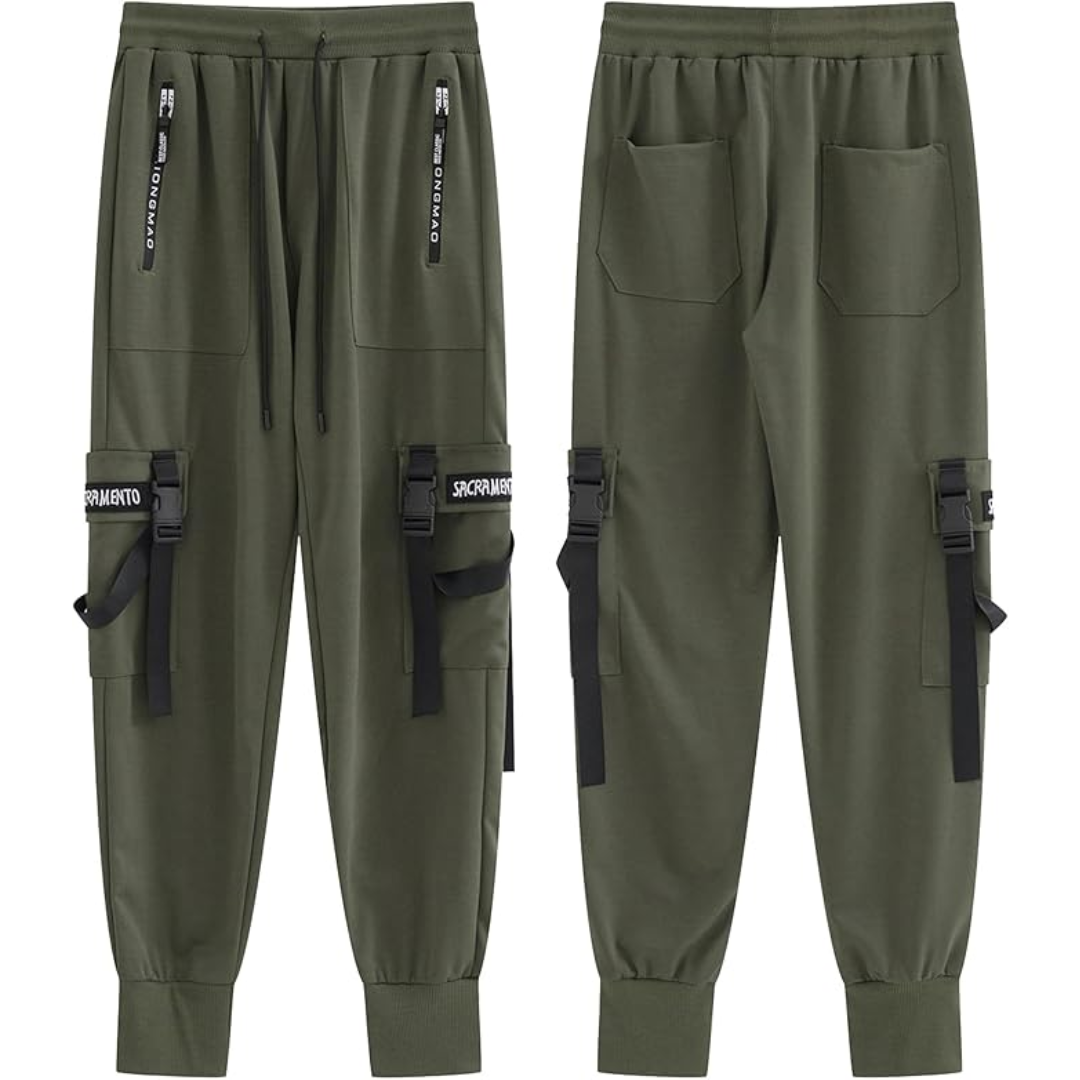 Durable men's black techwear joggers, tactical multi-pocket design, offering a stylish harem fit