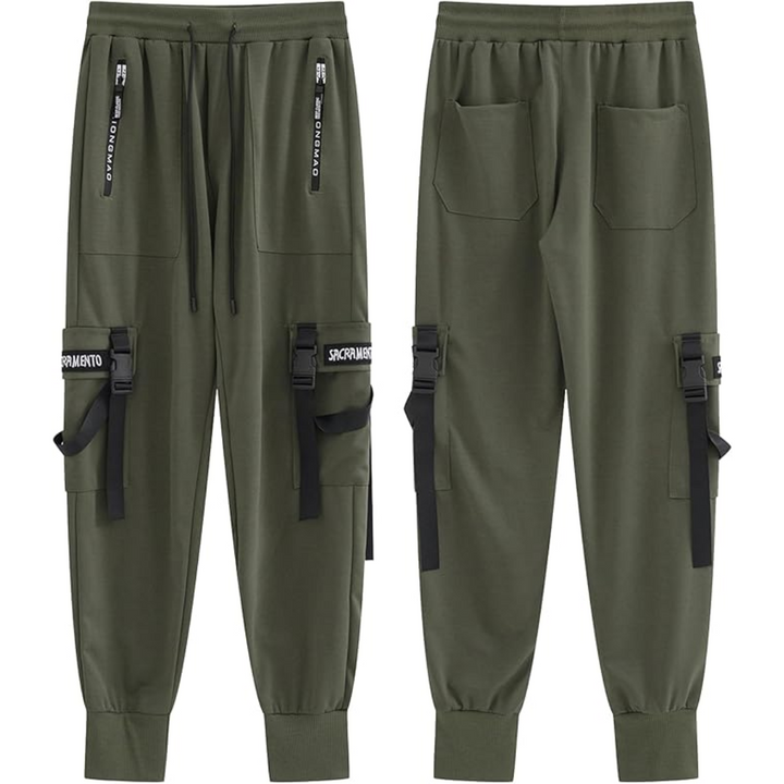 Durable men's black techwear joggers, tactical multi-pocket design, offering a stylish harem fit