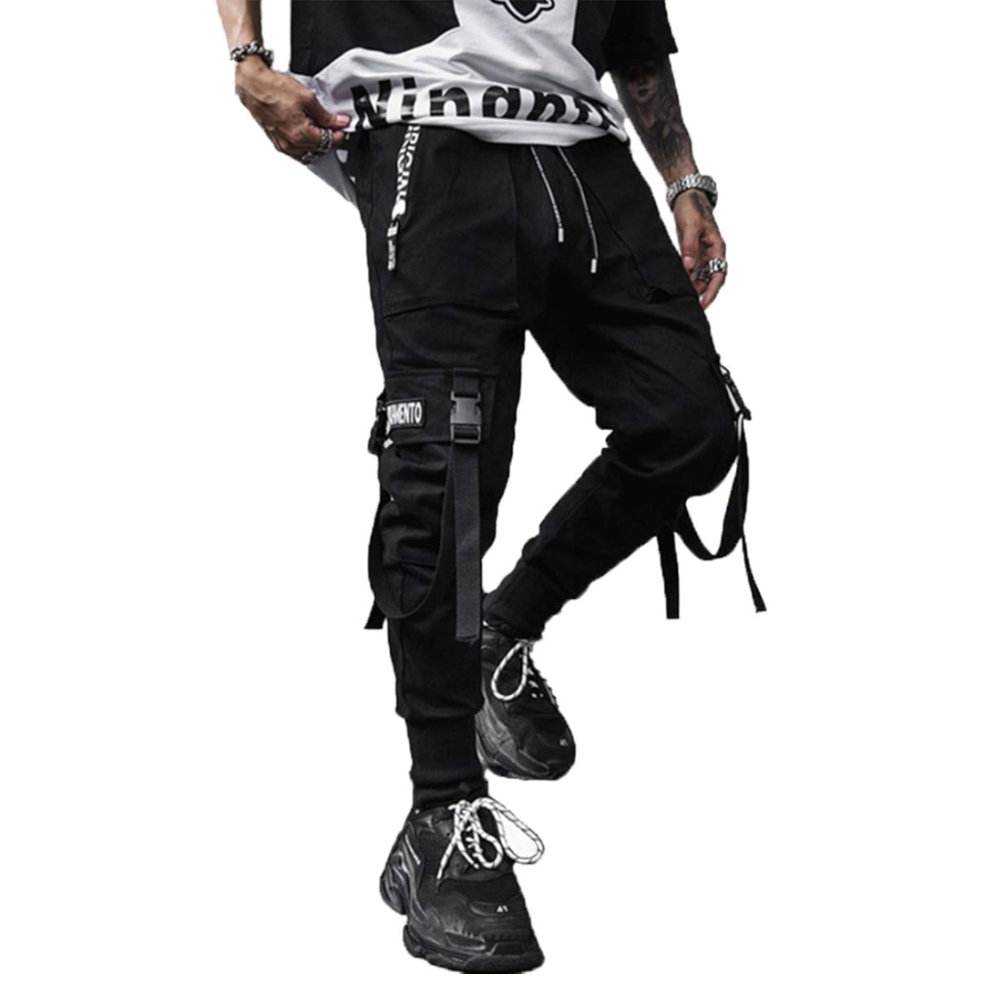 Stylish men's techwear joggers in black, featuring tactical design and harem fit for modern apparel
