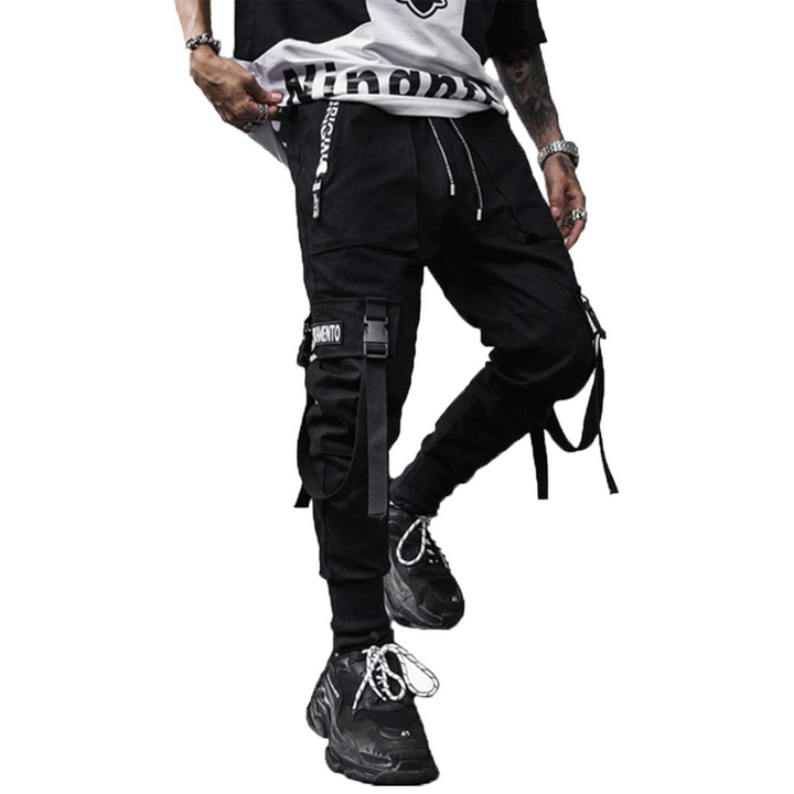 Stylish men's techwear joggers in black, featuring tactical design and harem fit for modern apparel