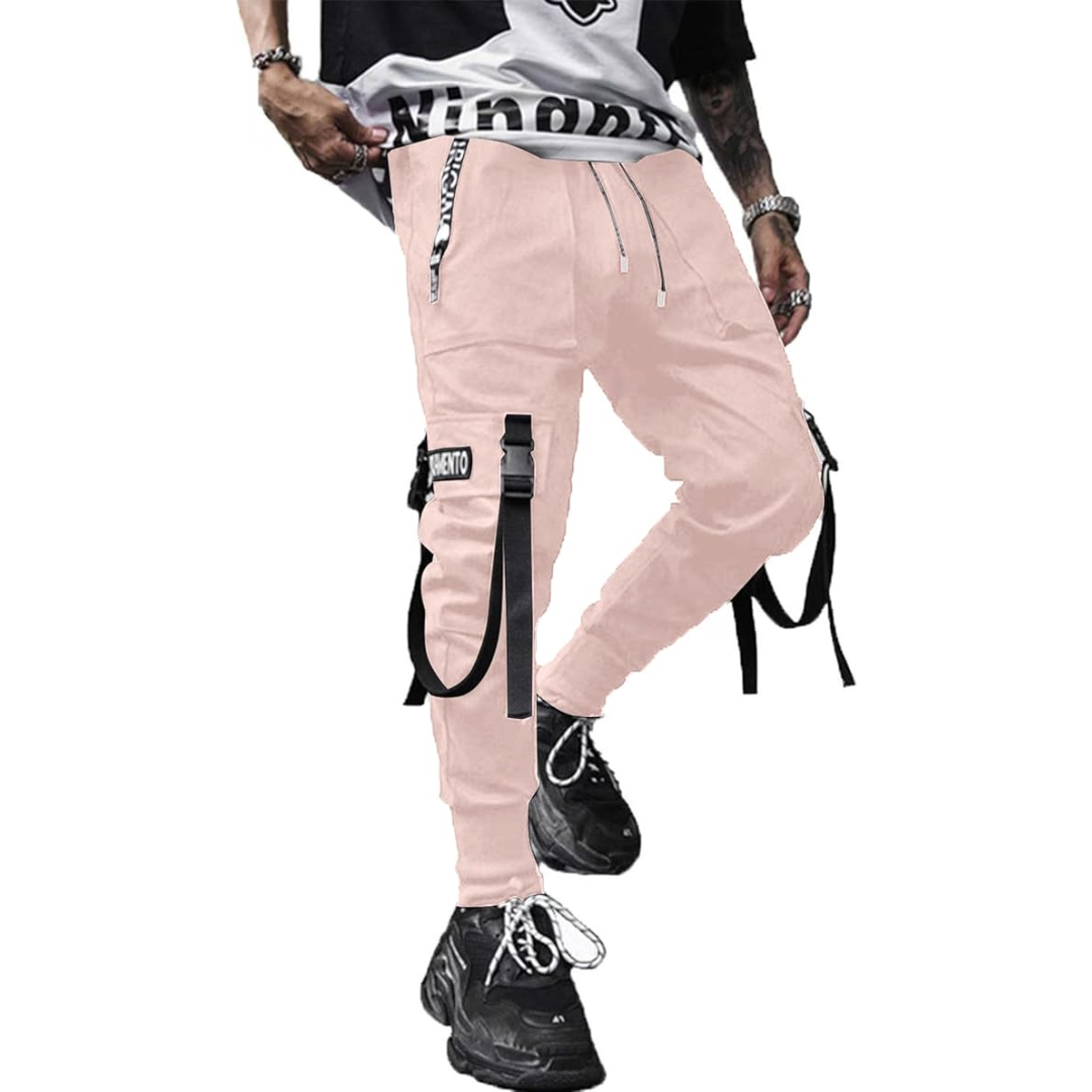 Black men's techwear joggers, tactical design with a loose harem fit, perfect for streetwear fashion