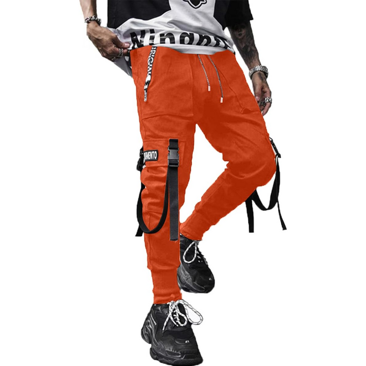 Men's athletic joggers, black techwear style, featuring tactical elements and a comfortable harem pant cut