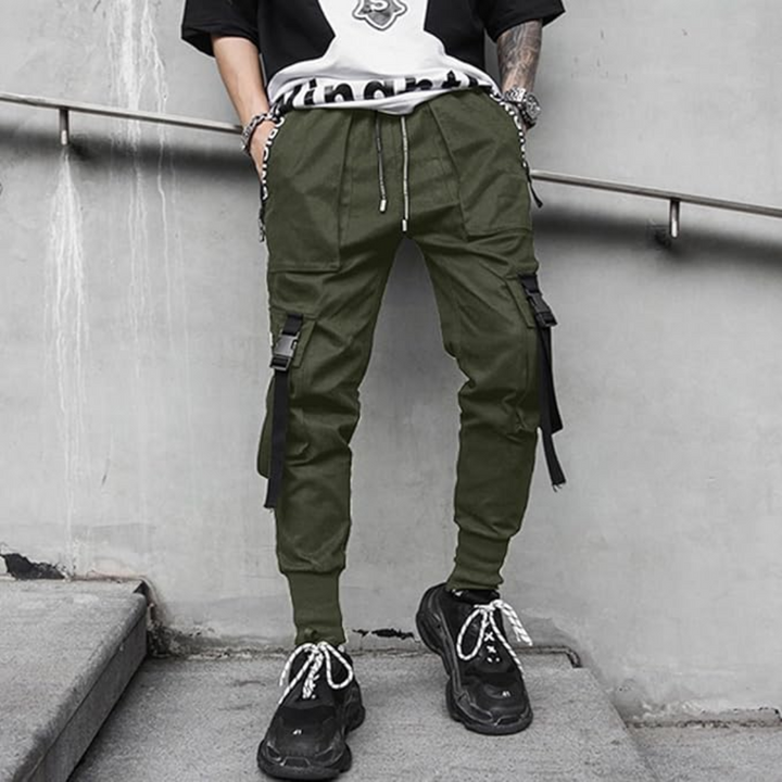 Comfortable men's streetwear joggers, black techwear tactical design, versatile for daily casual wear