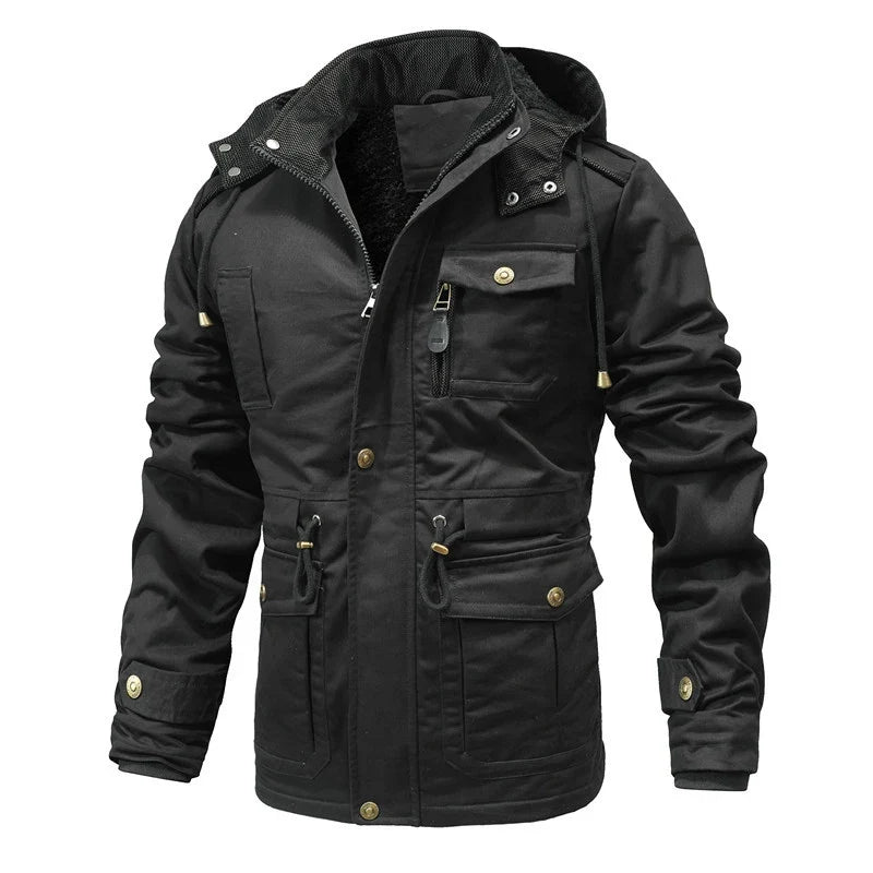 Men's black thermo winter jacket, insulated & waterproof for extreme cold. Durable outdoor coat with removable hood.