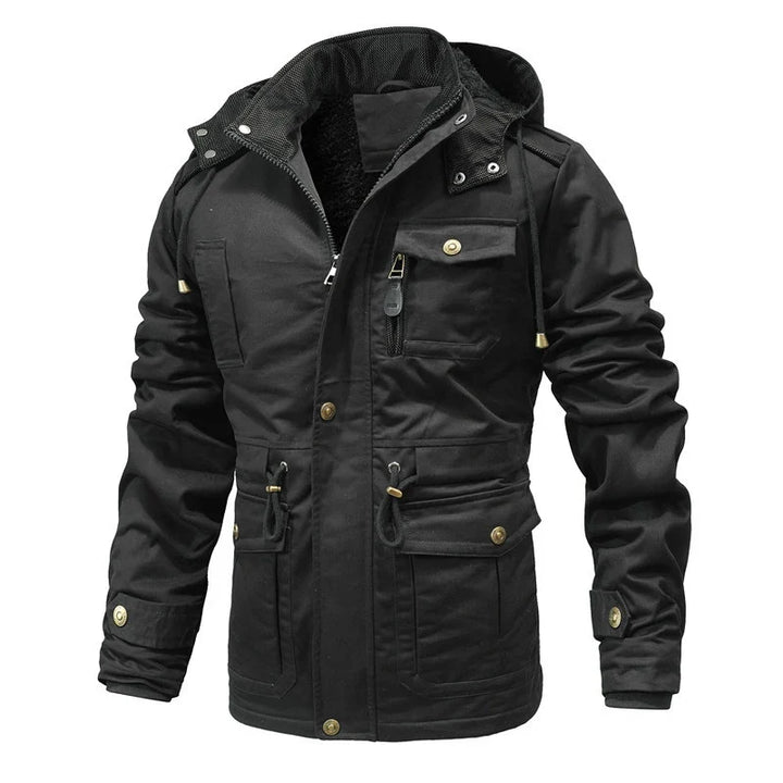 Men's black thermo winter jacket, insulated & waterproof for extreme cold. Durable outdoor coat with removable hood.