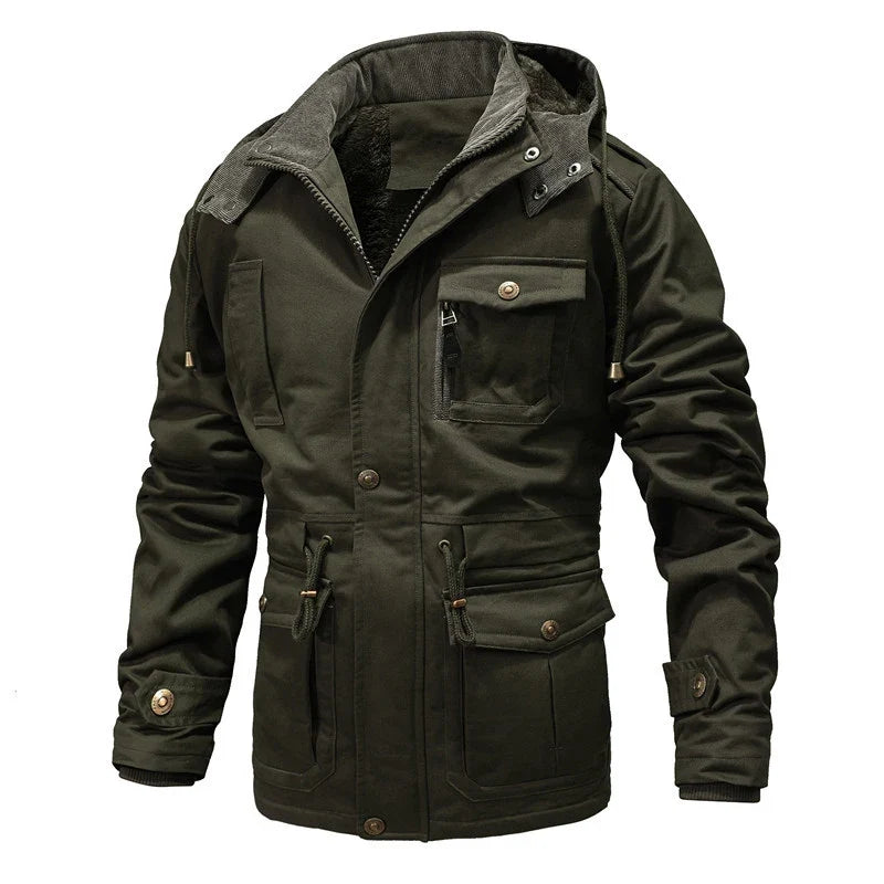 Green men's warm winter jacket, insulated for extreme cold weather. Waterproof & durable outdoor coat for adventure.