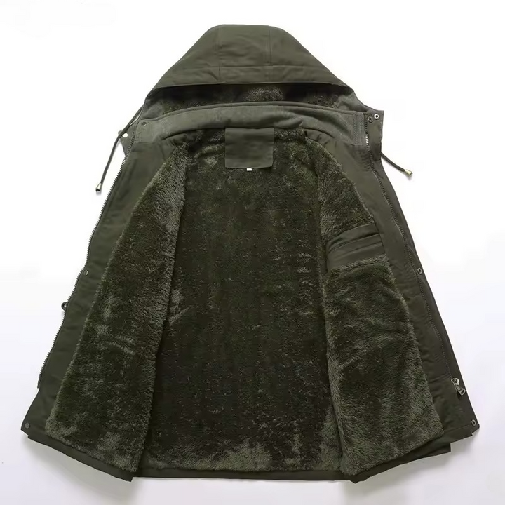 Mens durable winter jacket for extreme cold, insulated and waterproof. Features a removable hood for versatile outdoor wear.