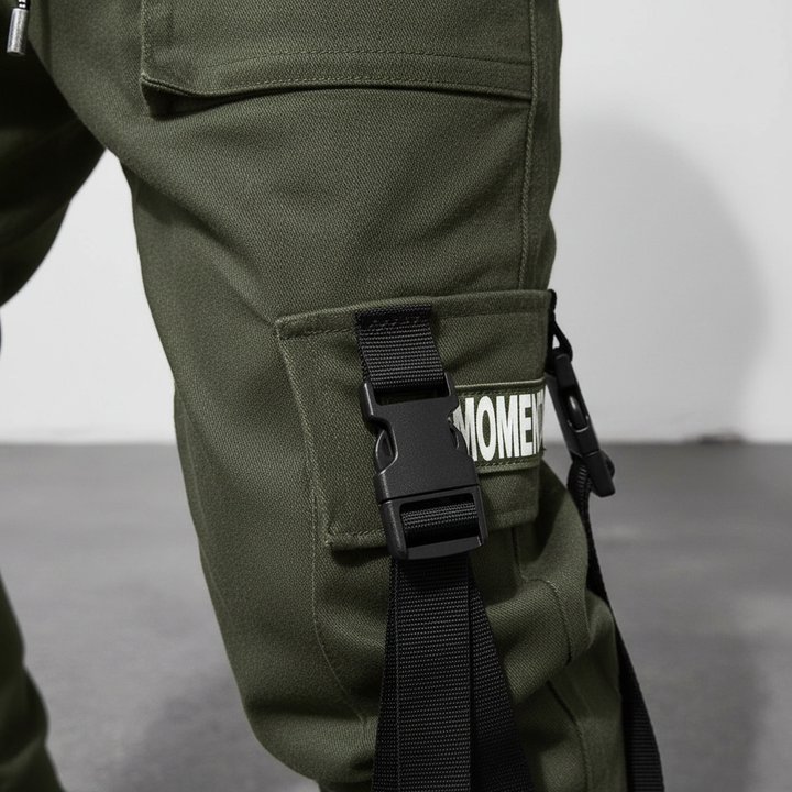 Close-up of multi-pocket detail on modern men's streetwear harem pants, showcasing utility and style