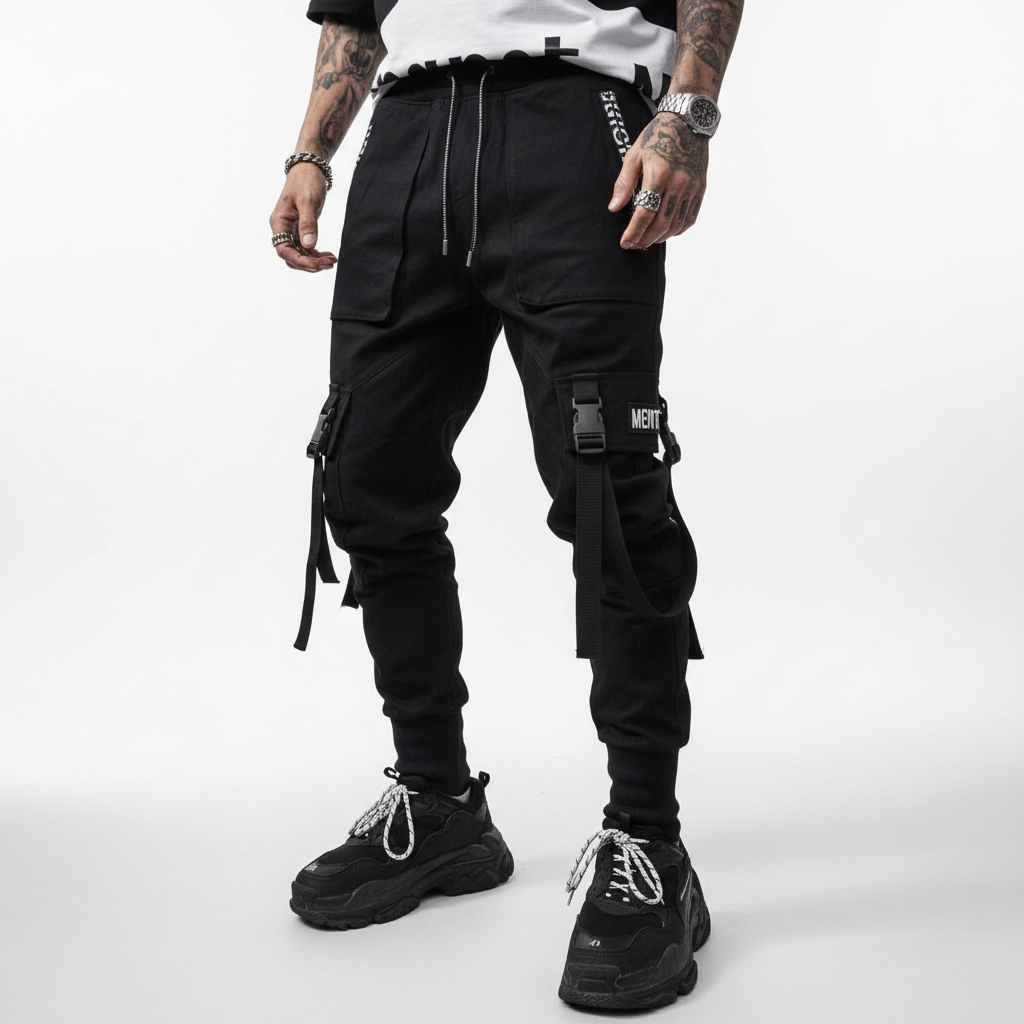 Full shot of a man wearing versatile cotton blend harem pants with cuffs, ideal for casual urban fashion