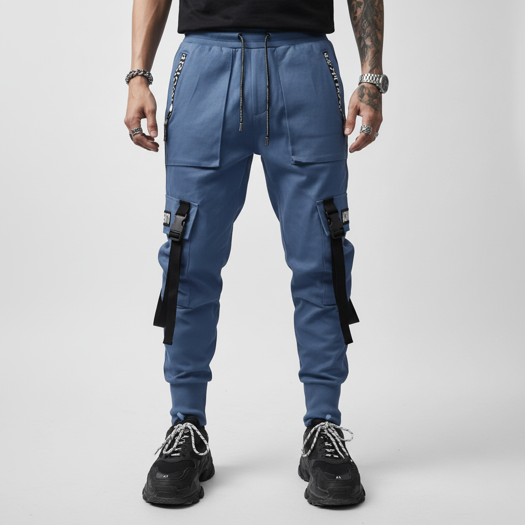 Black men's joggers style harem pants featuring distinctive cargo pockets for a tactical look