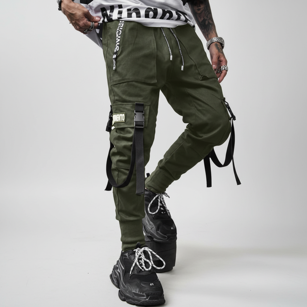 Comfortable men's casual wear harem pants with elastic waistband and cuffed ankles, great for streetwear