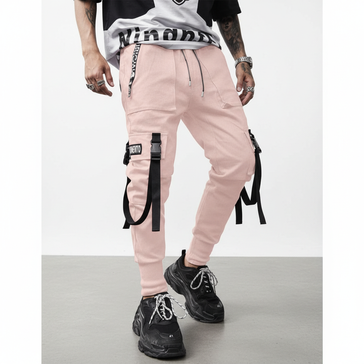 Front view of black men's multi-pocket harem pants, combining street style with practical functionality