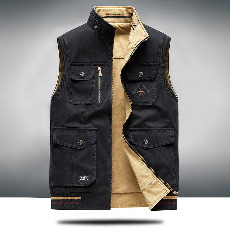 Black men's utility vest. Durable multi-pocket outerwear for casual use, fishing, or photography.
