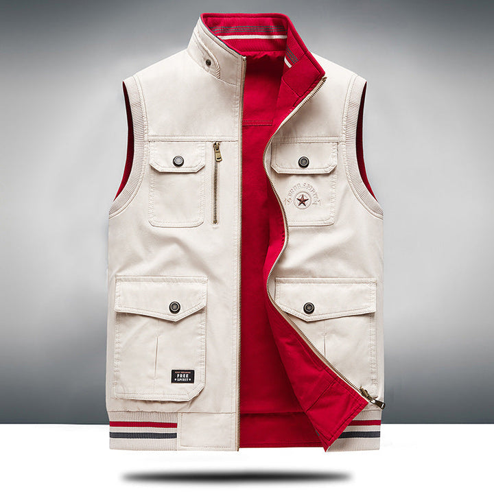 Modern men's cargo vest; a lightweight, multi-pocket utility outerwear piece for active, casual style.