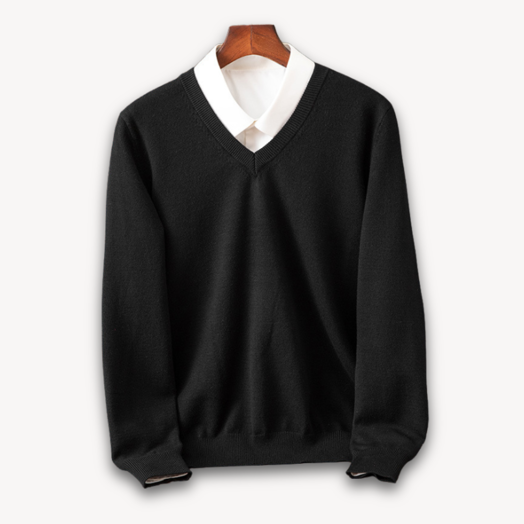 Men's black V-neck sweater, slim fit long sleeve. Versatile & comfortable for modern casual to smart occasions.