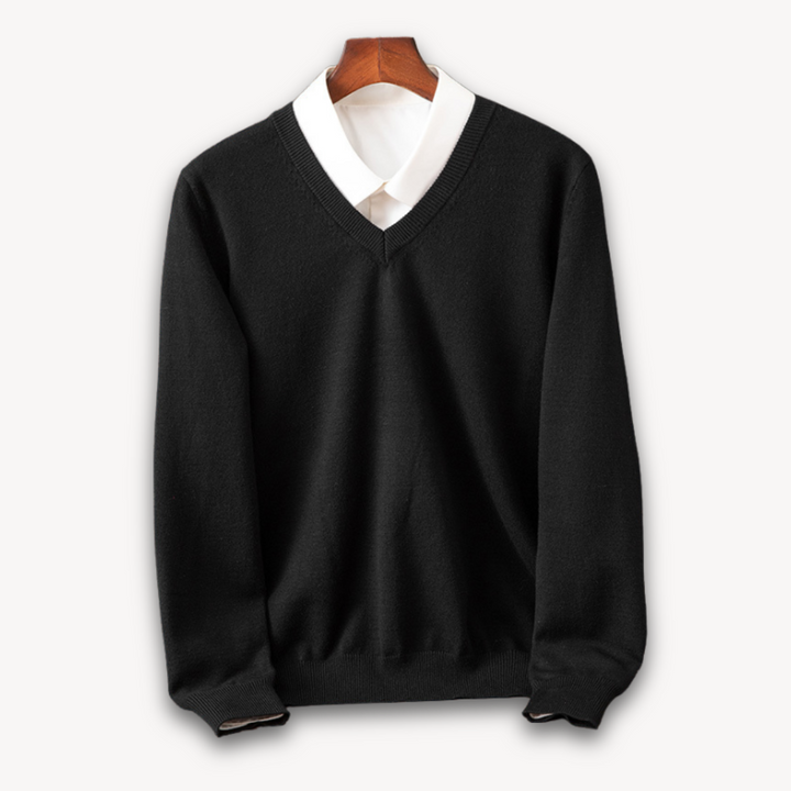 Men's black V-neck sweater, slim fit long sleeve. Versatile & comfortable for modern casual to smart occasions.
