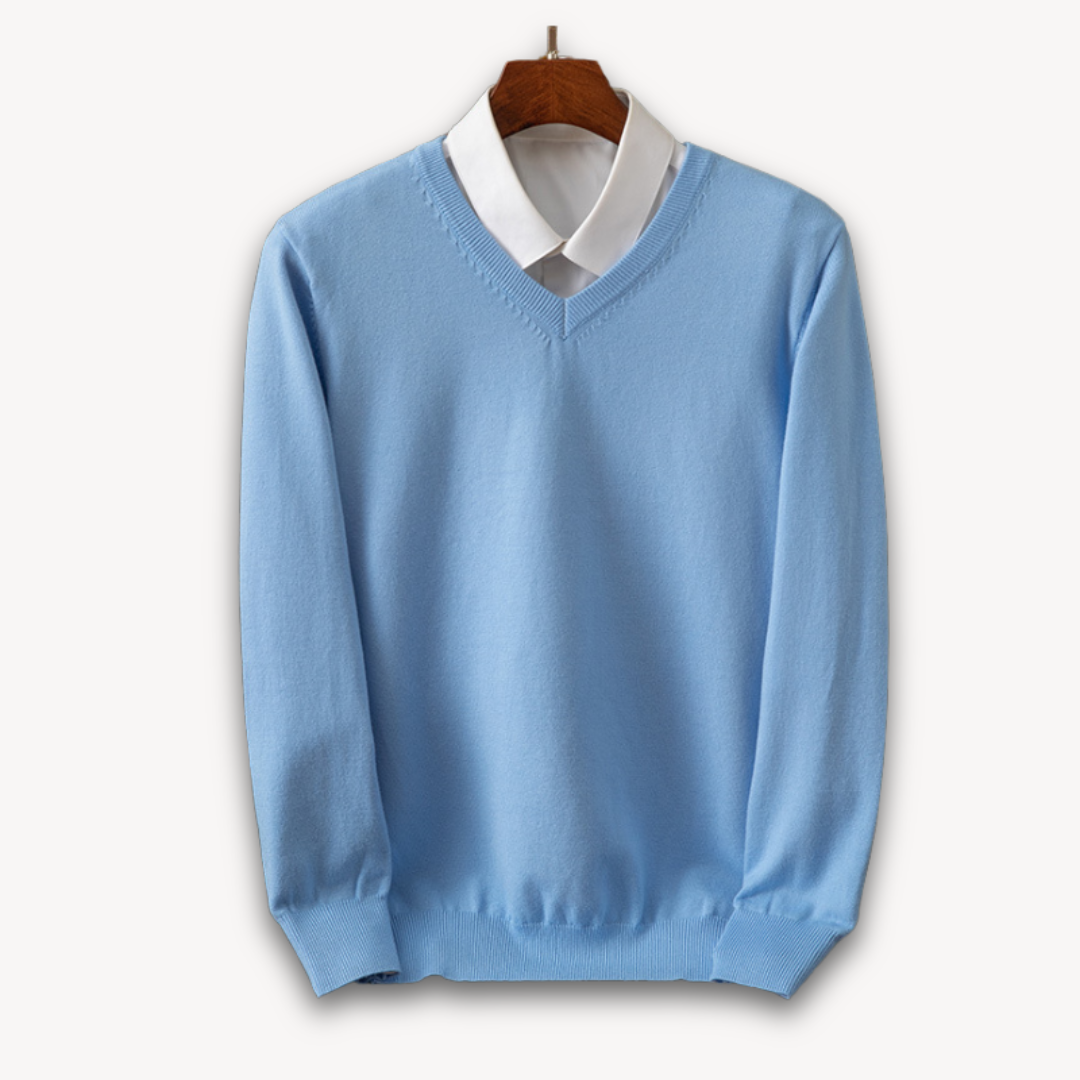 Elegant men's black V-neck sweater. Long sleeve, slim fit, designed for comfortable, stylish wear for every occasion.