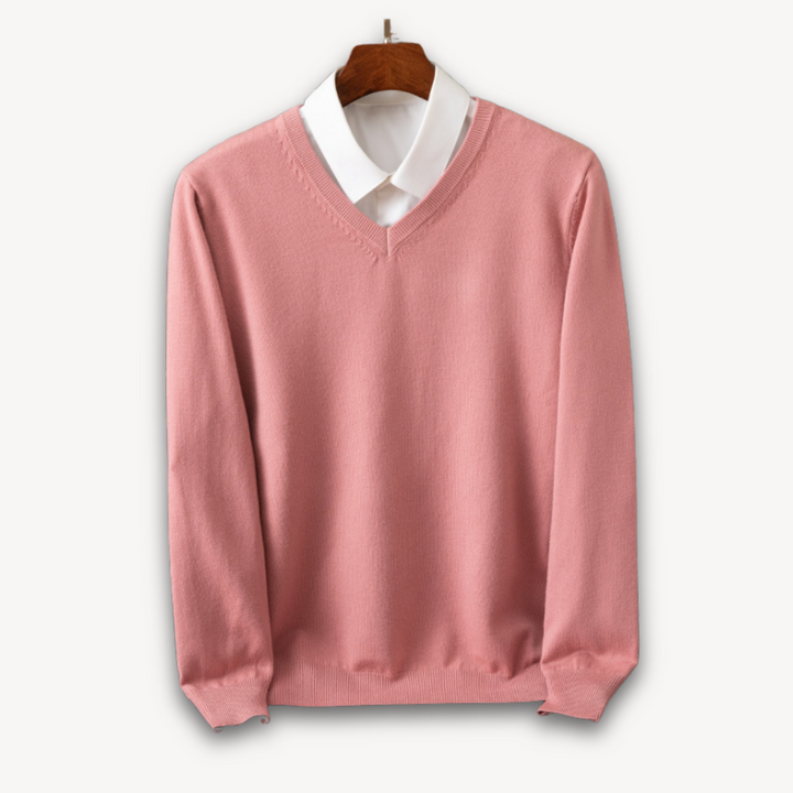Year-round men's black V-neck sweater. Versatile, long sleeve, slim fit, perfect for layering & modern style.
