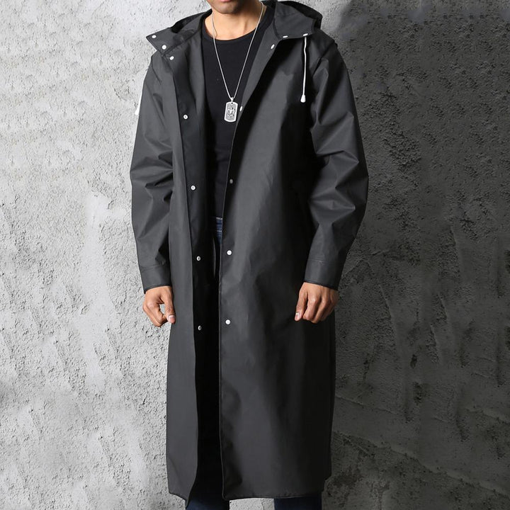 Men's black waterproof hooded rain jacket, ideal for outdoor adventures, hiking, and camping. Protective outerwear.