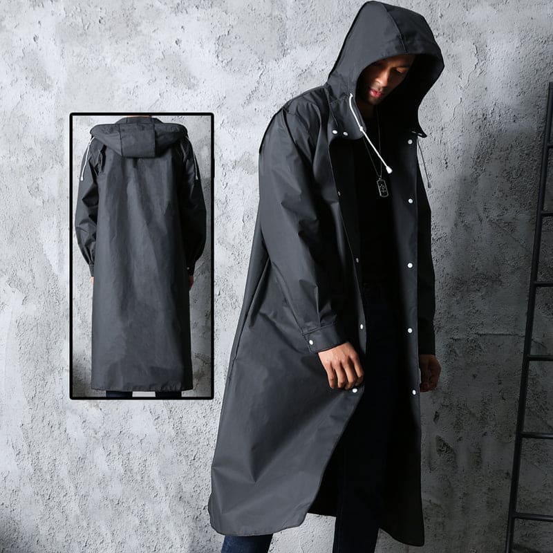 Black men's waterproof hooded jacket. Essential outdoor gear, perfect for camping, fishing, and all-weather protection.