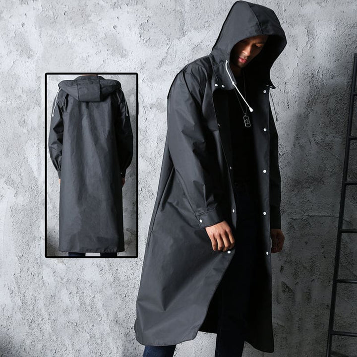Black men's waterproof hooded jacket. Essential outdoor gear, perfect for camping, fishing, and all-weather protection.