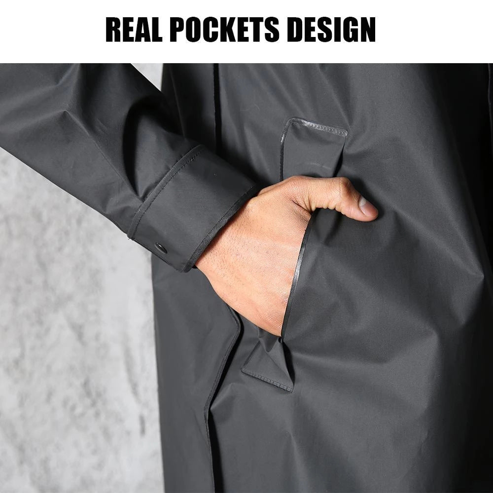 Stylish men's black waterproof hooded jacket. Longline design offers ultimate protection as all-weather outdoor gear.