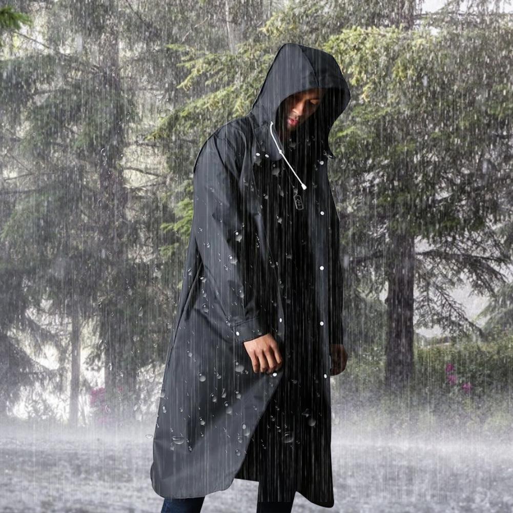 Rugged men's waterproof hooded rain jacket for tough outdoor adventures. Ideal protective outerwear for hiking & fishing.