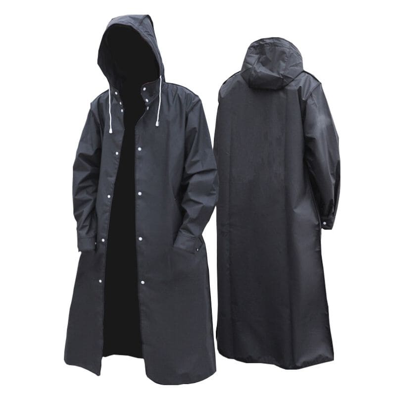 Men's black longline waterproof hooded rain jacket. Essential outdoor gear & all-weather coat for hiking, camping, fishing.
