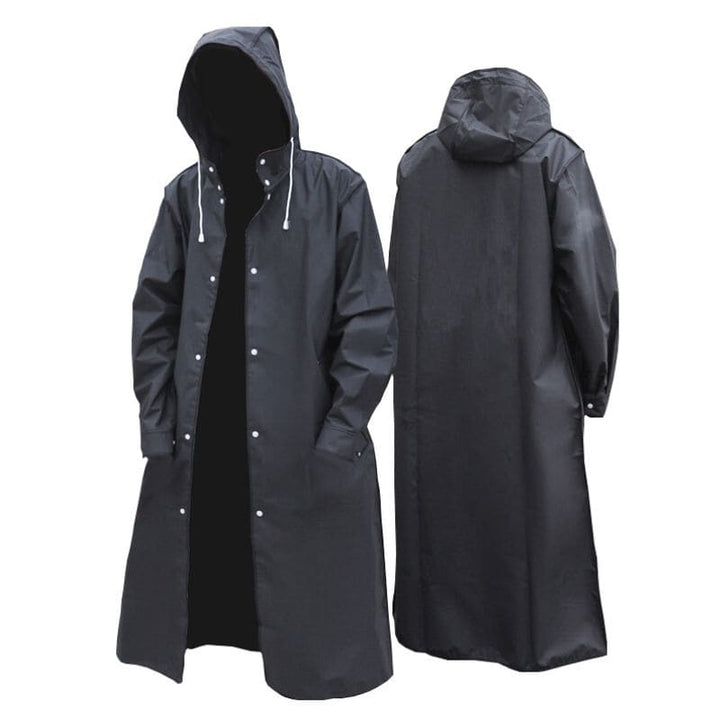Men's black longline waterproof hooded rain jacket. Essential outdoor gear & all-weather coat for hiking, camping, fishing.