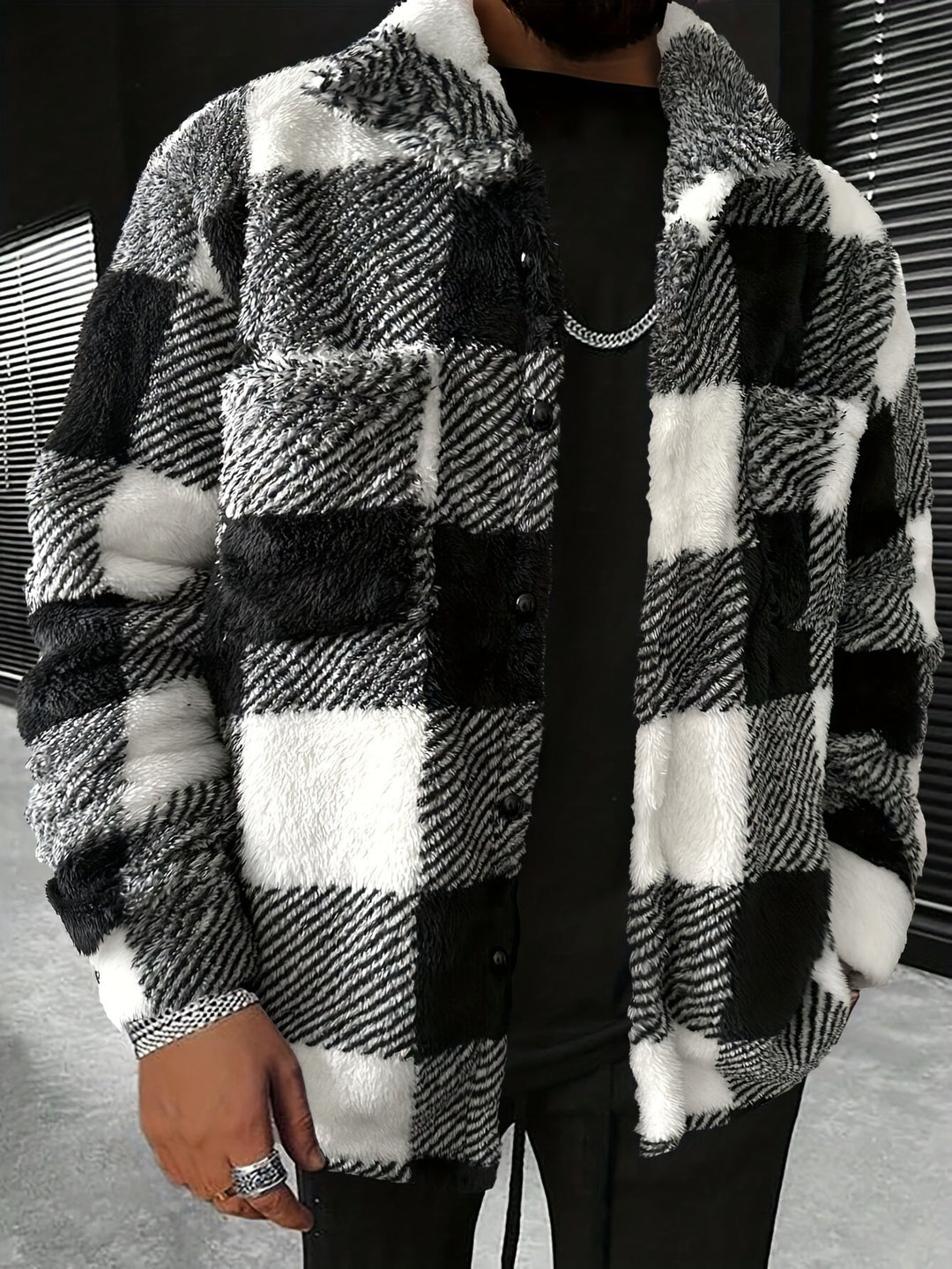 Men's black & white plaid fleece jacket, cozy & warm for autumn & winter outdoor casual wear.