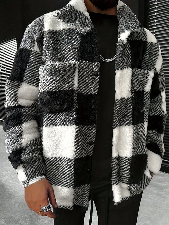 Men's black & white plaid fleece jacket, cozy & warm for autumn & winter outdoor casual wear.