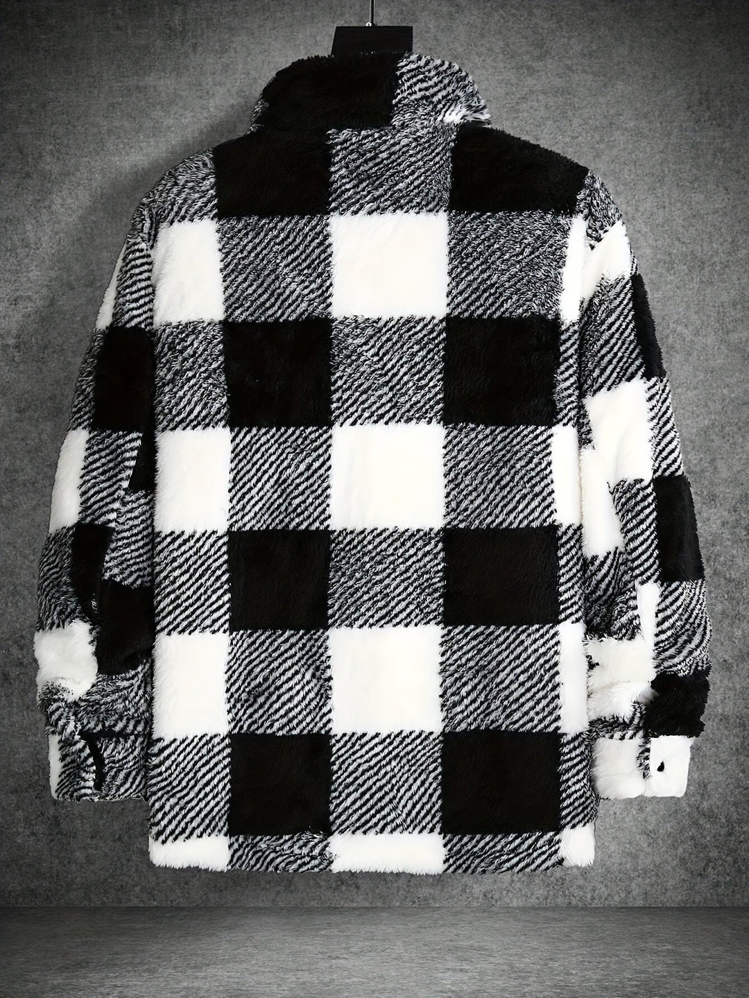 Riley Men's cozy black and white checked fleece jacket, a stylish & warm winter coat for casual fashion.