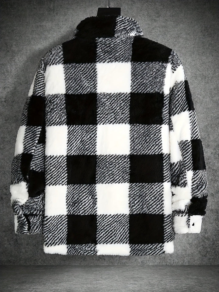 Riley Men's cozy black and white checked fleece jacket, a stylish & warm winter coat for casual fashion.