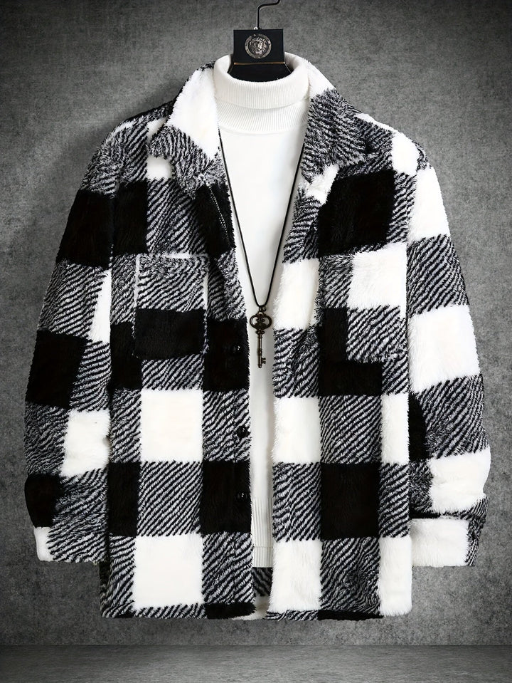 Warm men's plaid fleece jacket, black and white, perfect outerwear for cold weather & outdoor activities.