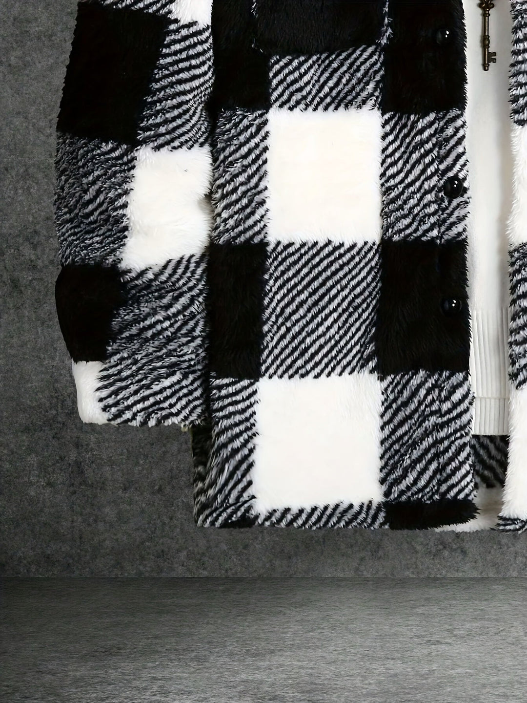 Men's black & white checked fleece jacket, a comfy and stylish winter coat for casual wear & outdoor adventures.
