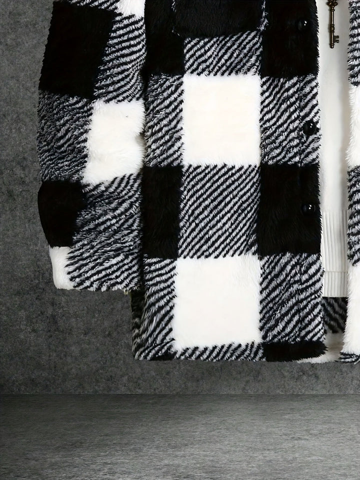 Men's black & white checked fleece jacket, a comfy and stylish winter coat for casual wear & outdoor adventures.