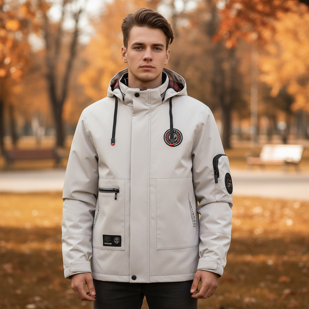 Men's black wind and water-resistant outdoor jacket, lightweight and hooded for all-weather protection