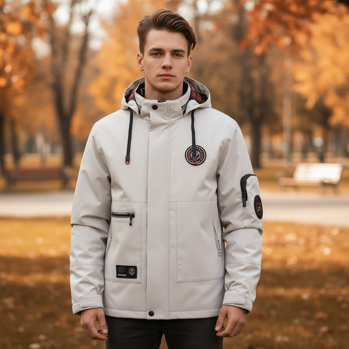 Men's black wind and water-resistant outdoor jacket, lightweight and hooded for all-weather protection