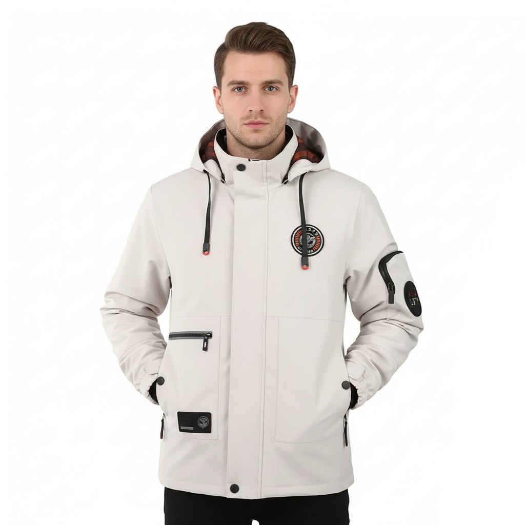 Close-up of a man's grey hooded windbreaker jacket, showcasing waterproof polyester material