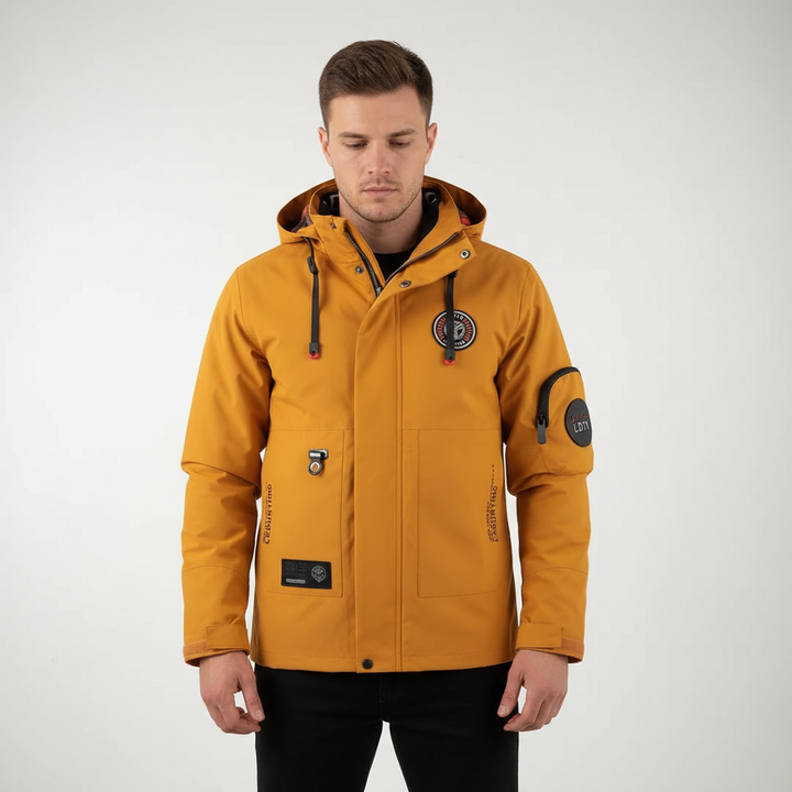 Detail of zipper on a men's lightweight windbreaker jacket, designed for outdoor activities